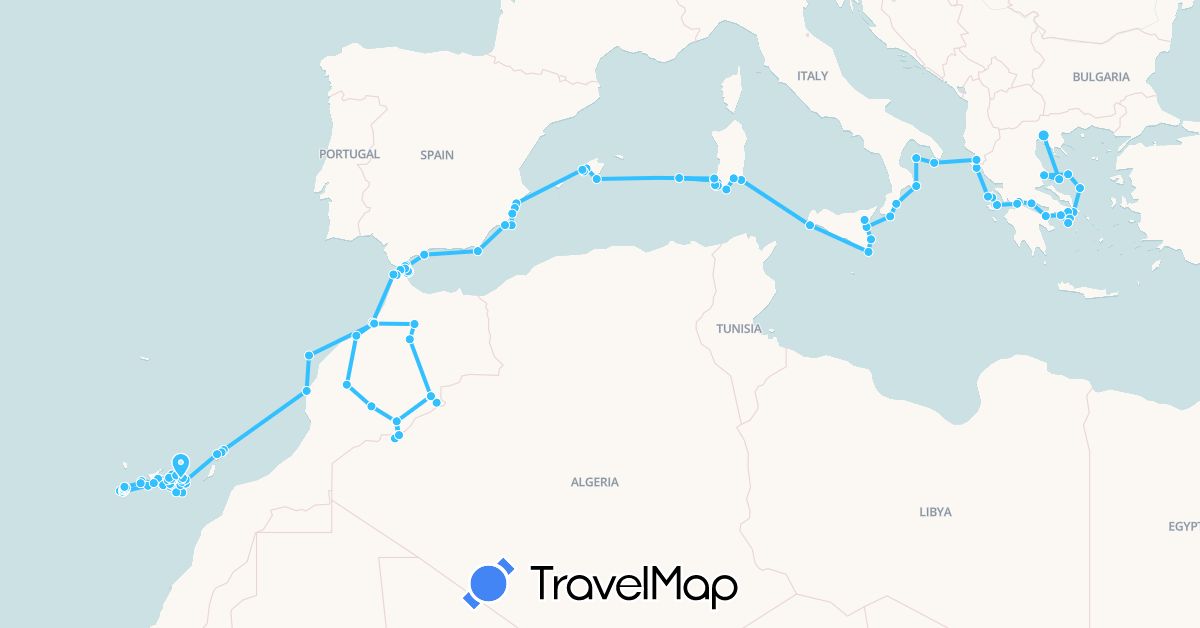TravelMap itinerary: driving, boat in Albania, Spain, Gibraltar, Greece, Italy, Morocco (Africa, Europe)
